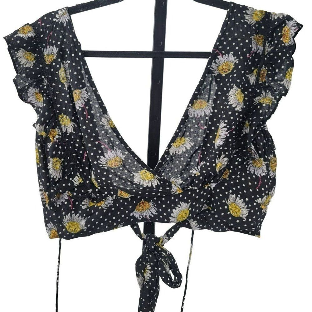 Topshop Women's Floral Crop Blouse Size 8 Shirt Polka Dot Wrap Tie Waist Top